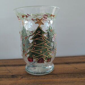 Celebrations 6" Hurricane Crackled Glass Painted Christmas Tree Candle Holder